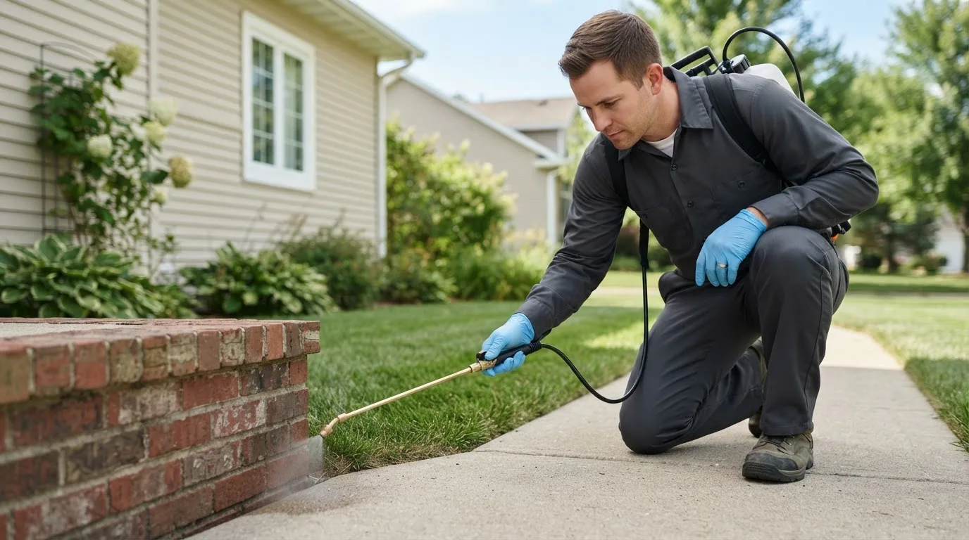 Pest control technician treating a home near Manlius, IL