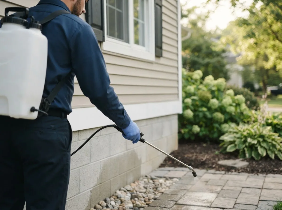 Pest control technician inspecting a home in Manlius, IL